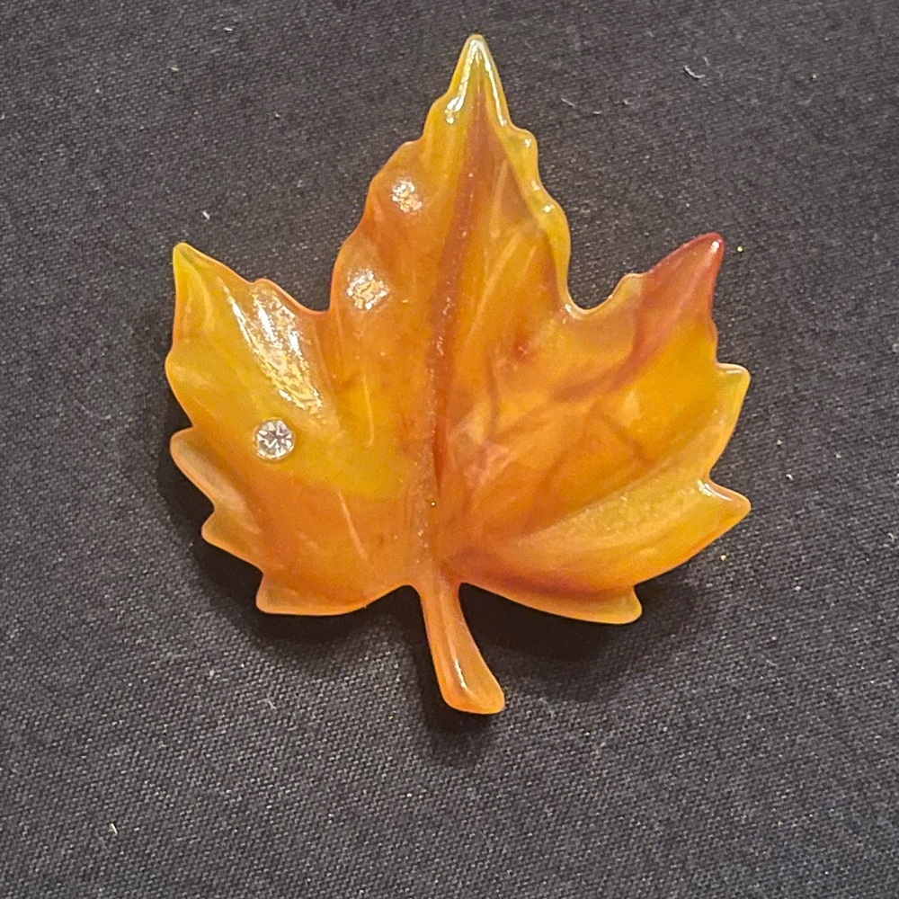 Vintage Avon Orange Lucite Maple Leaf Brooch with rhinestone